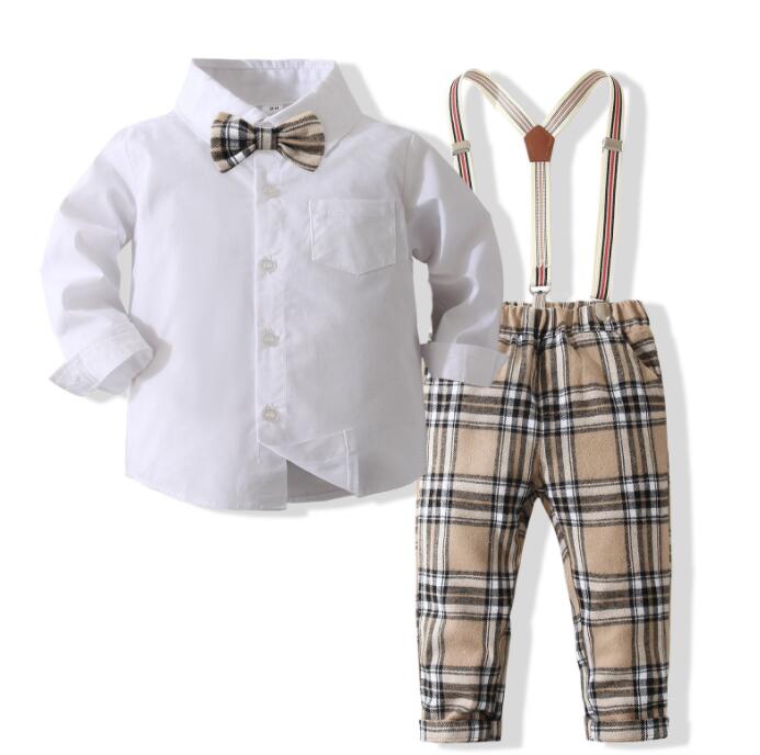 

Baby Boys Gentleman Style Clothing Sets Spring Autumn Kids White Long Sleeve Shirt With Bowtie+Plaid Suspender Pants 2pcs Set Children Outfits Boy Casual Suit 1-6T, As picture