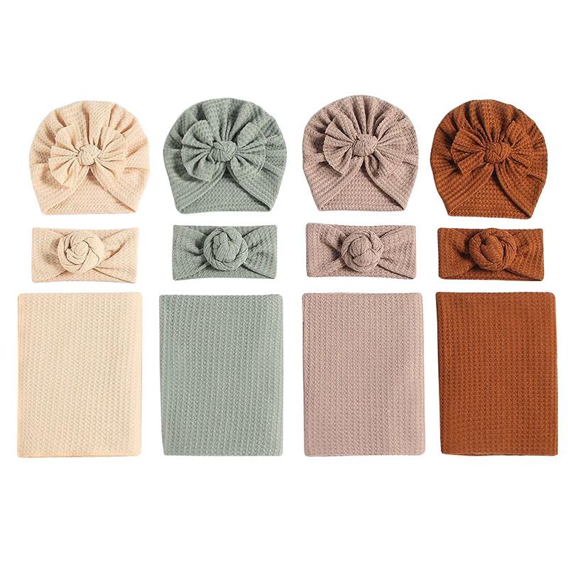 

Blankets & Swaddling Baby Blanket Hat Headband Set Cotton Swaddle Receive Spring Infant Hats Accessories Born Pograph Props 3Pcs/set, Pink