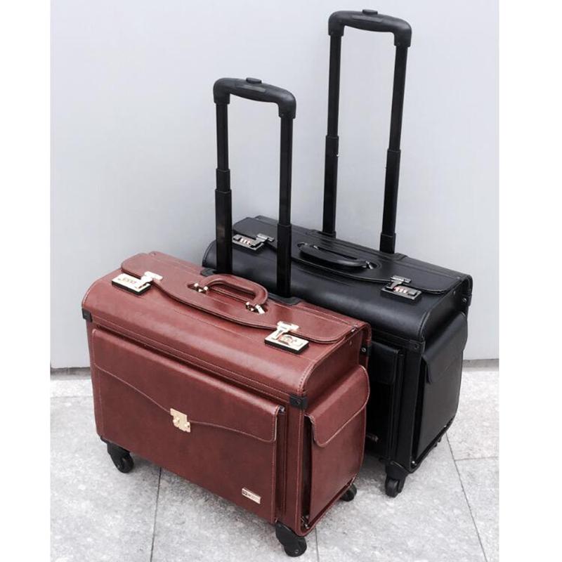 

Suitcases 19" Inch Black Brown Retro Pilot Hand Luggage Lawyer Spinner Cabin Carry On Trolley Travel Bag For Business