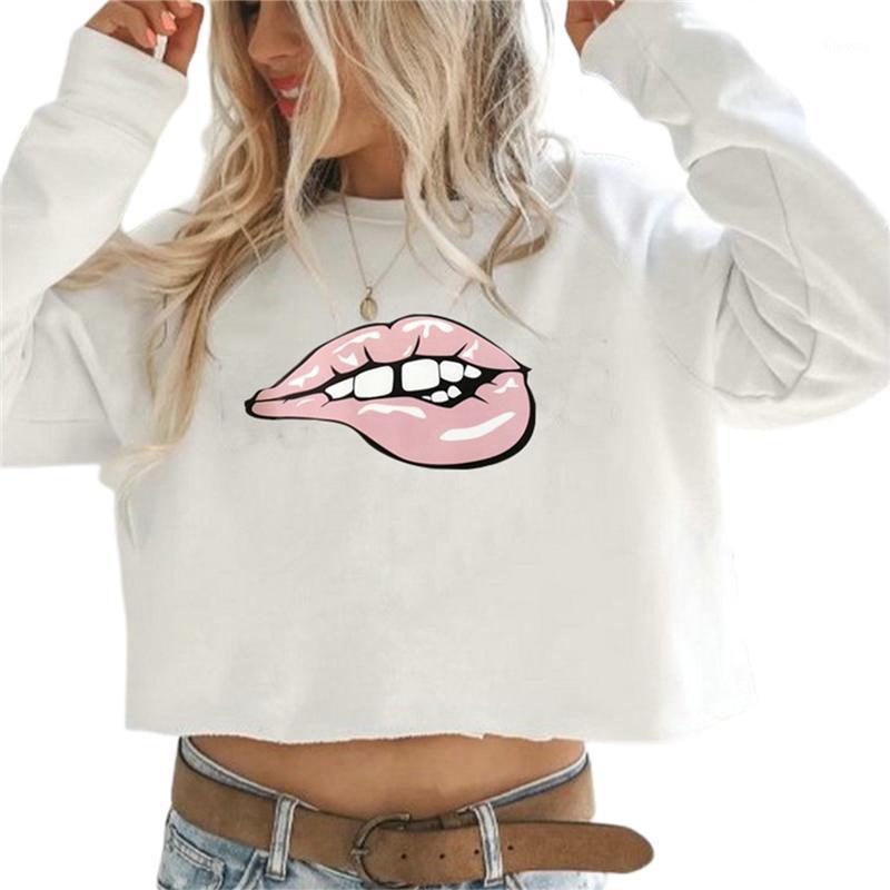 

Women's Hoodies & Sweatshirts Cartoon Mouth Lips Printed Women Long Sleeve Crop Top Fashion Female Round Neck Street Wear For Ladies, White