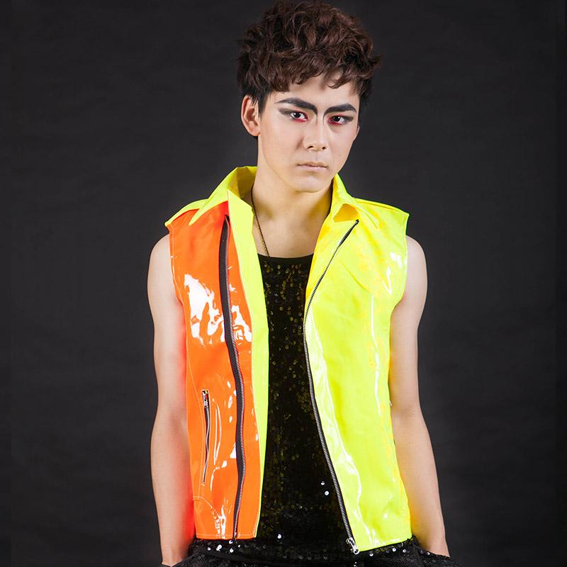 

Stage Wear Hip Hop Jazz Dance Costumes Men Performance Bright Yellow Vest With Lapel Zipper Nightclub Bar Show XS1720Stage, 1 pc vest