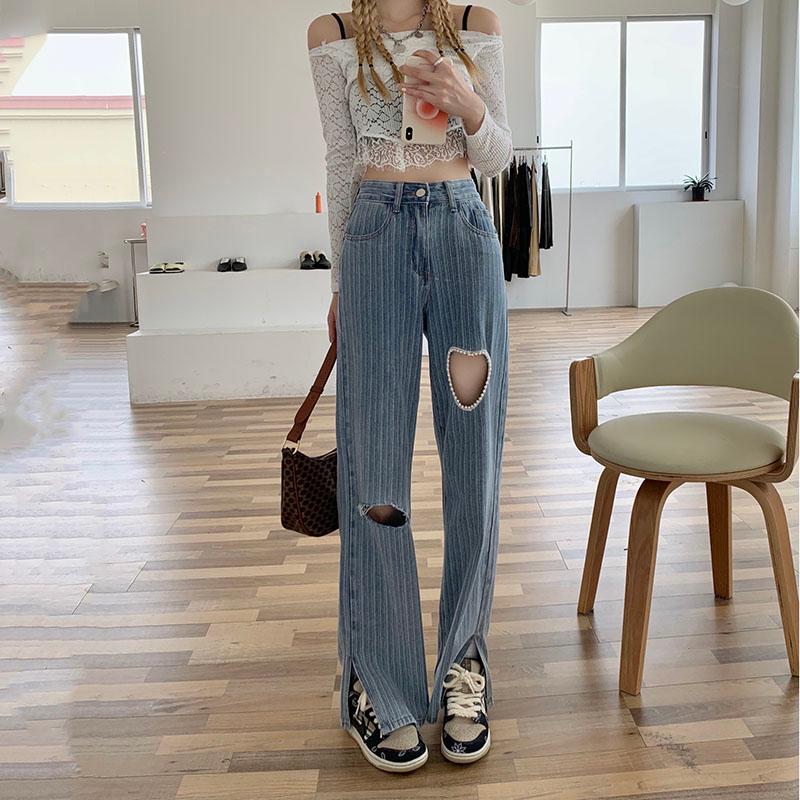

Women' Jeans Women 2022 Chic Fashion Ripped Hole Wide Leg Vintage High Waist Zipper Female Pants Trousers, Blue