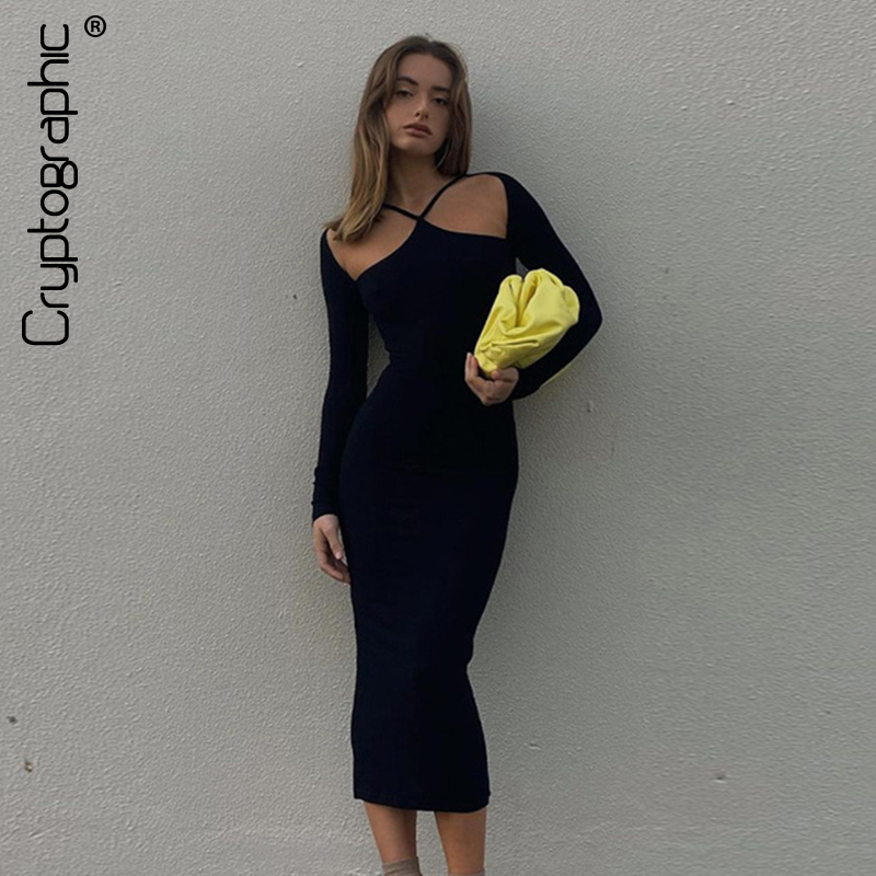 

Elegant Black Long Sleeve Autumn Midi Dress Women Sexy Club Party Square Collar Halter Dresses Skinny Clothes
