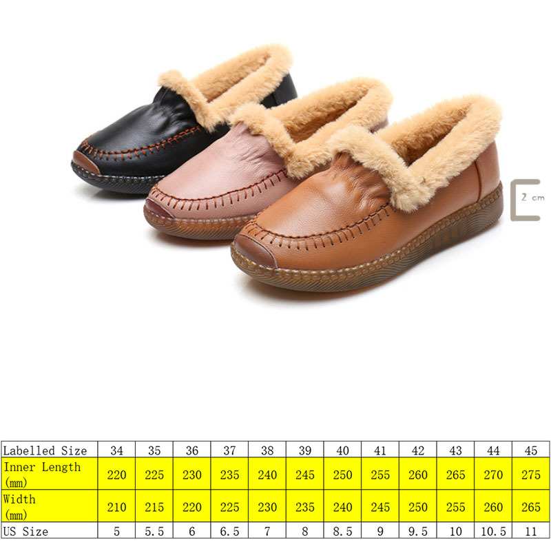 

Genuine Leather Cow Women Winter Shoes Warm Fur Plush Inside Slip on Loafers Moccasins Soft Comfy Sole Large Size -42, Black