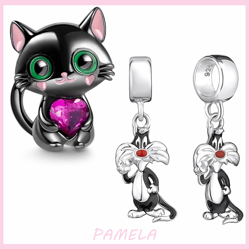 

925 Sterling Silver Dangle Charm Black Cute Cat Charms Tom Cat Beads Bead Fit Pandora Charms Bracelet DIY Jewelry Accessories