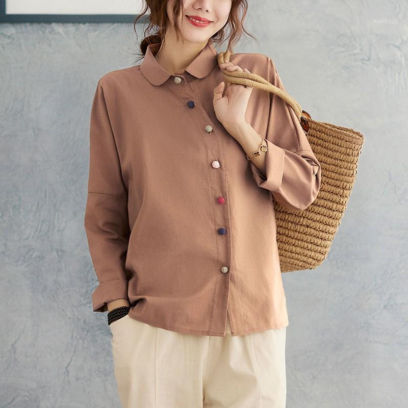 

Women's Blouses & Shirts Plus Size Women Cotton Linen Casual Arrival 2022 Vintage Style Turn-down Collar Loose Female Long Sleeve Tops S3778, Khaki