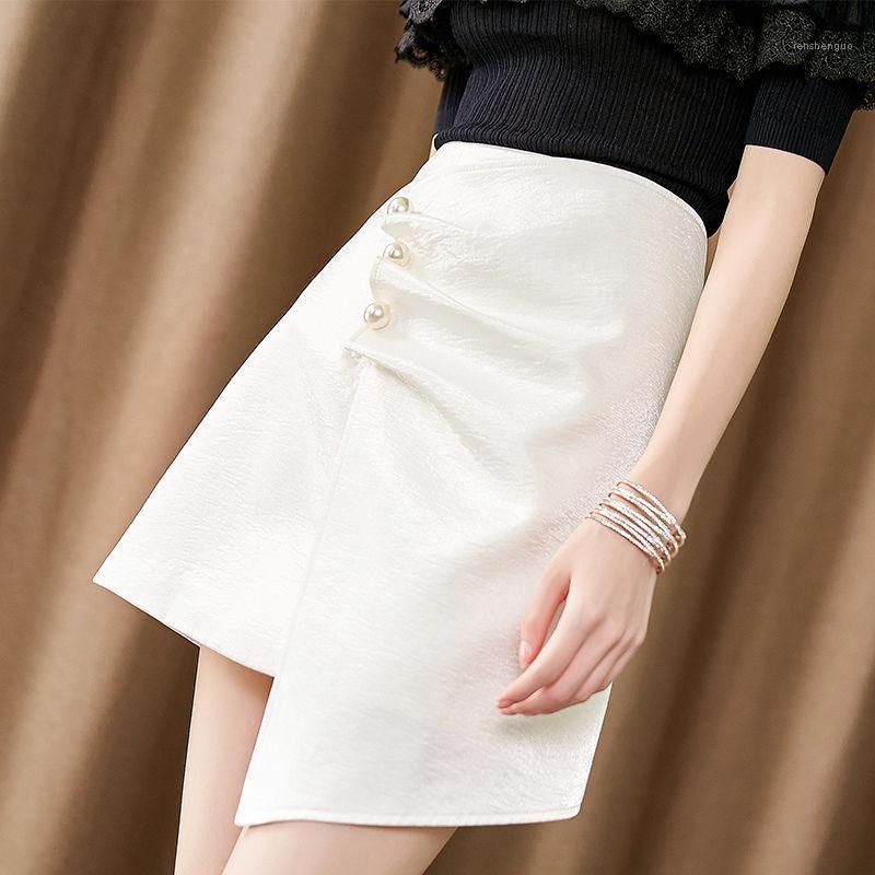

Skirts White Asymmetrical Solid Women Summer 2022 Button High Waist Knee-Length Elegant Office Lady Clothing Top Quality, Black