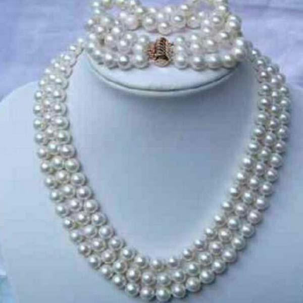 

3 Rows 8-9mm Round Akoya white pearl necklace set