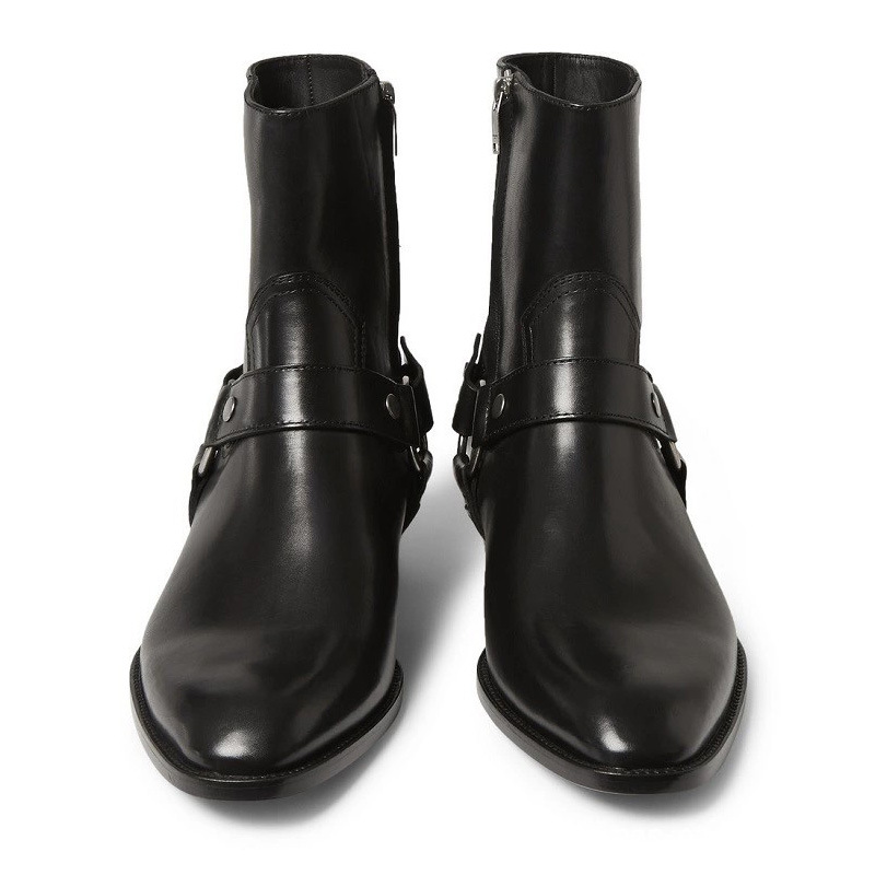 

High-end Chelsea Boots Men Solid Color Fashion Pointed Leather High Top Side Zipper Classic Trend Saddle Buckle Decoration KB300-1, Clear