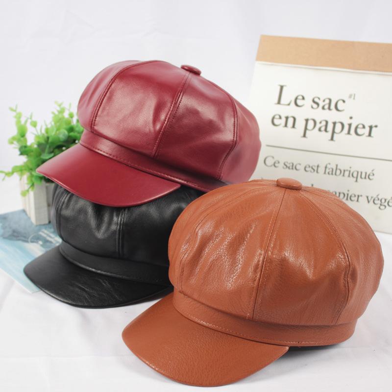 

Berets PU Leather Octagonal Cap Solid Simple Beret For Elegant Lady Vintage Hat Outdoor Casual Girl HatsBerets, Black
