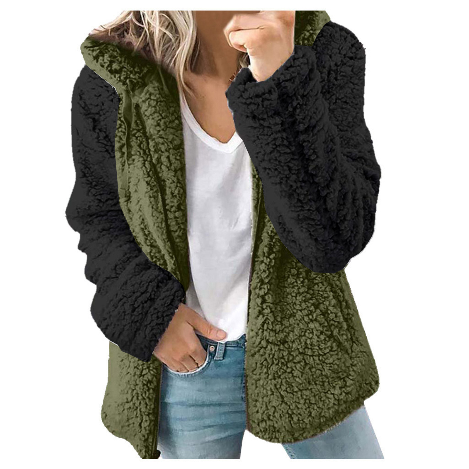 

Women Fur Coat Warm Hooded Jacket Winter Zipper Casual Patchwork Loos Fashion Faux Fur Parka Fleece Plus Size 5XL, Khaki
