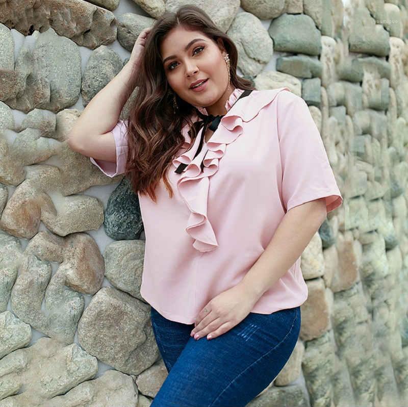 

Women's Blouses & Shirts Plus Size Women Tops Blouse Shirt Elegant Ruffled Bow Tie Short Sleeve Casual Streetwear, Pink