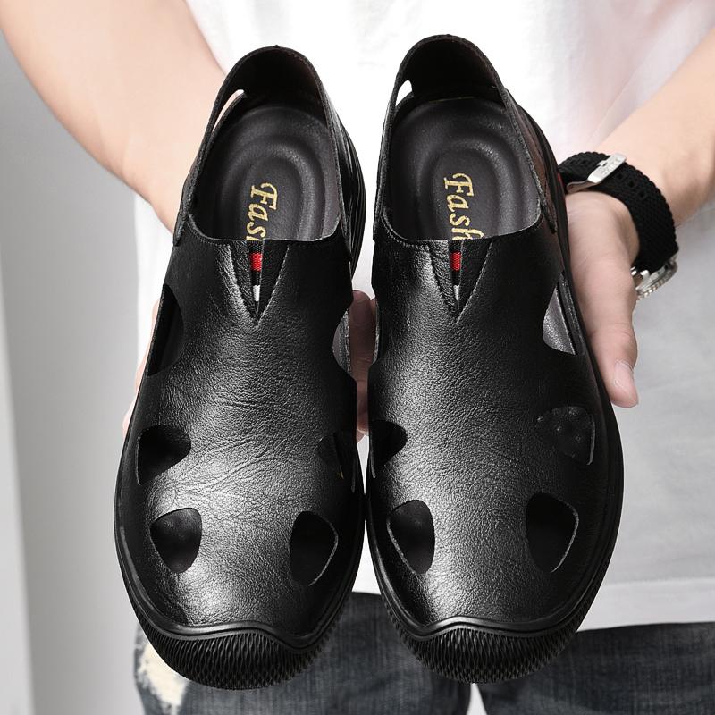 

Sandals Summer Genuine Leather For Men High Quality Breathable Loafers Outdoor Beach Shoes Brand Designer Driving FootwearSandals, Black