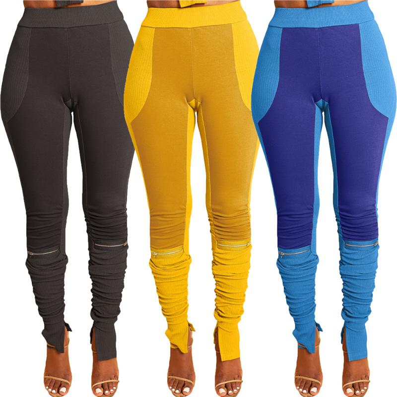 

Yoga Outfit Fashion Women's Small Pits Strip Color Splicing Zipper Casual Sports Split Pull Pleated Pile Gym Fitness Pants SY9070Yoga, As shown 01