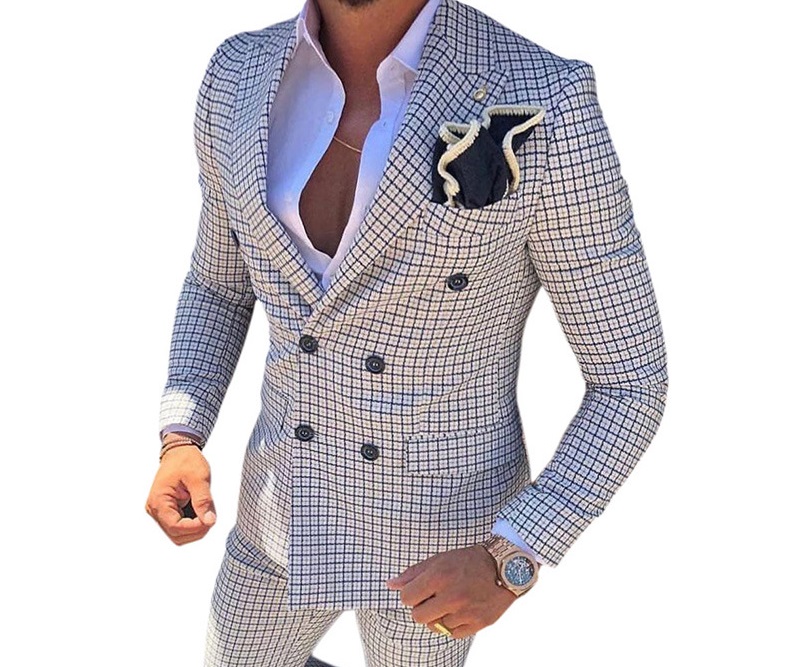 

Designers Mens Suit Brown Formal 2 Pieces Slim Fit Double breasted Plaid Soft Wool Tweed Prom Tuxedos Wedding Groomsmen Blazer, Blue