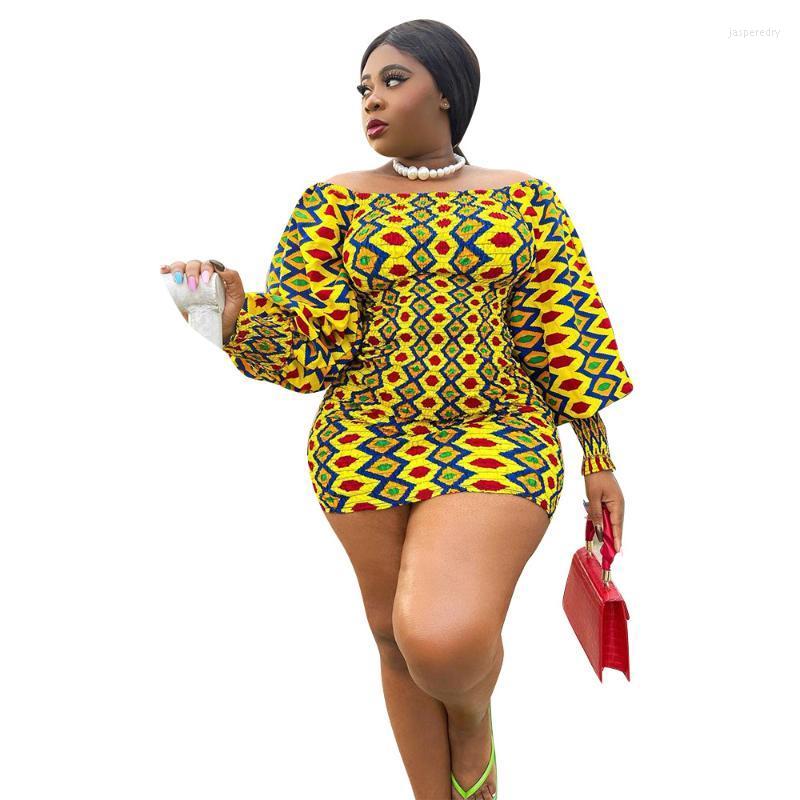 

Plus Size Dresses Off Shoulder Lantern Sleeve Knee Dress Sexy Slash Neck Printed Mini Skirt For Women Ropa Mujer Talla Grande 5XL Jasp22, Yellow