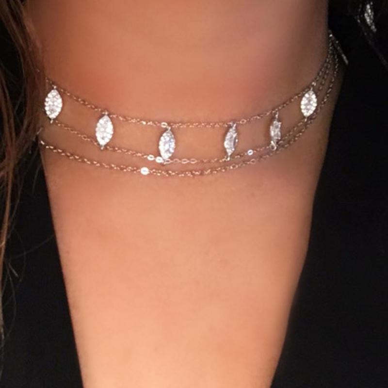 

Chains Fine 925 Sterling Silver Fashion Gold Short Necklaces With Sparking CZ Double Chain Water-drop Choker Women Elegant JewelryChains