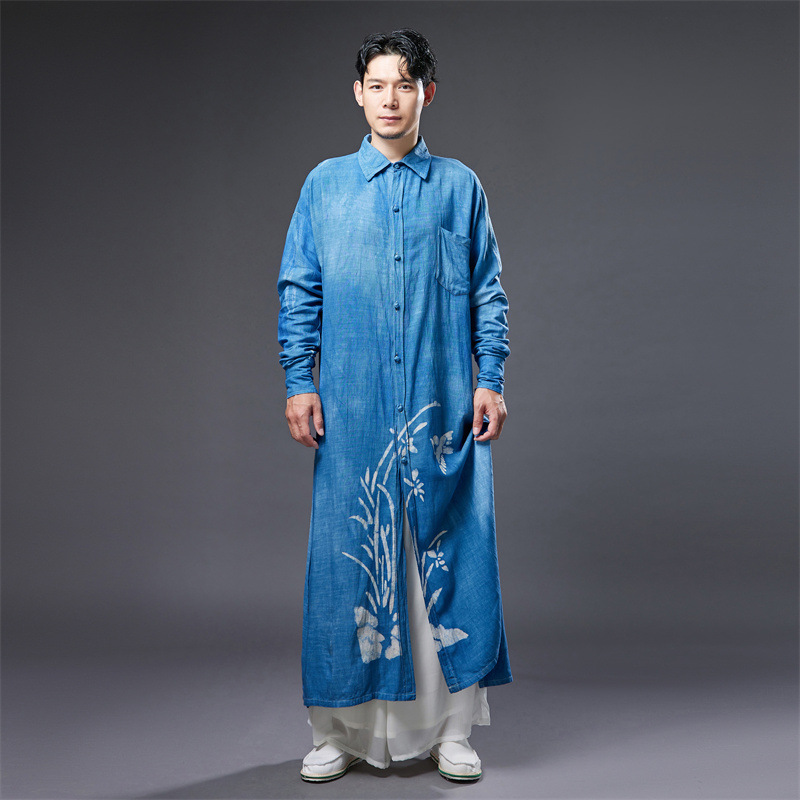 Chinese Style ethnic clothing oriental Costumes Men's Hanfu Cotton Linen Long Gown Male blue printed national pattern Streetwear Robes