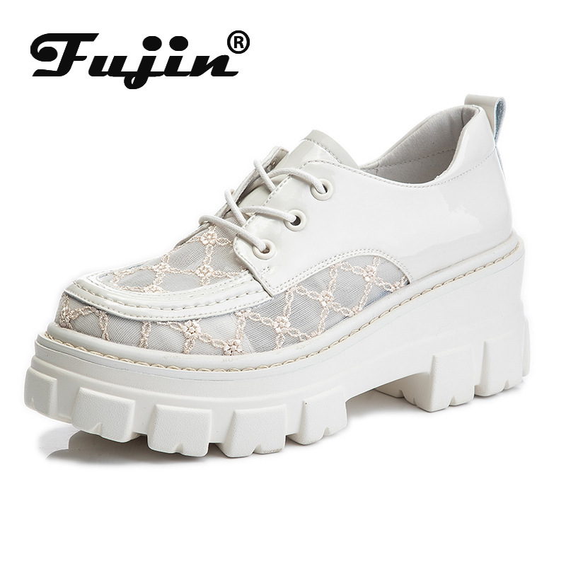 

Women Summer Shoes Genuine Leather Patent 7cm Platform Wedge Loafers Oxfords Mary Jeans Summer Shoes Women Lace Breathable, Black