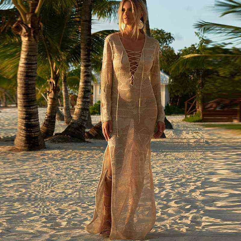 

2021 Sexy Women Beach Dress Summer Crochet Knitted Bikini Cover up Light Transparent Tunic Beach Wear Long Kaftan Swim Cover-ups Y220419, N88672