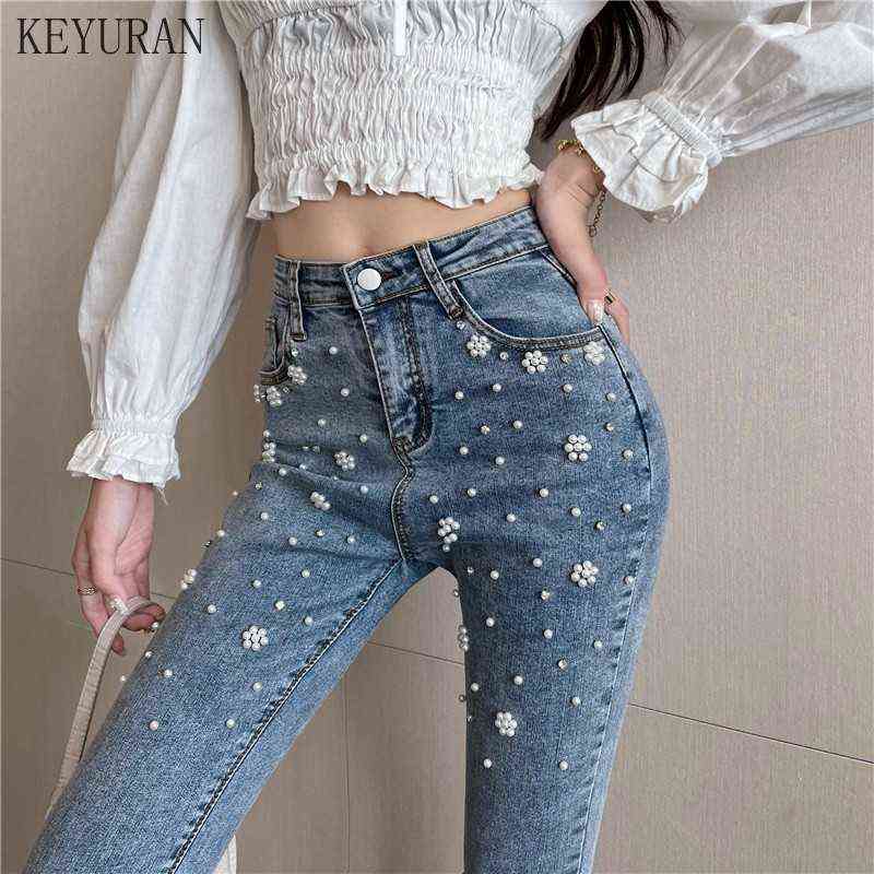

Elastic Women Blue Pencil Pants Skinny Pearl Beaded Jeans Summer Spring ladies High Waist Zipper Fly Traf Denim Casual Mom Jeans T220728, Light blue