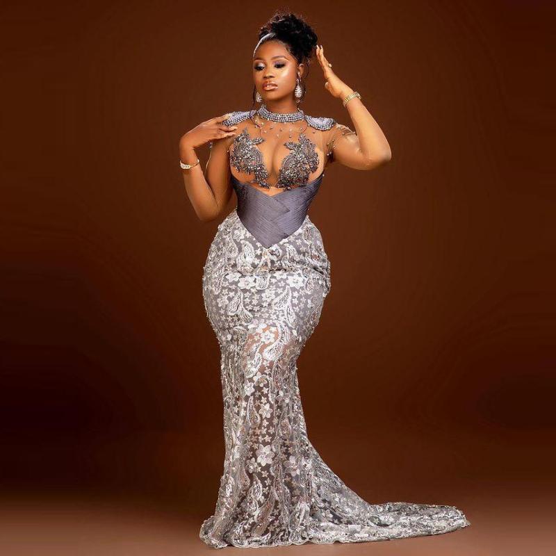 

Party Dresses Sexy Prom With Major Beads Pearls SHeer Neck Illusion Long Sleeves Aso Ebi Evening Dress Lace Custom Made GownsParty, White