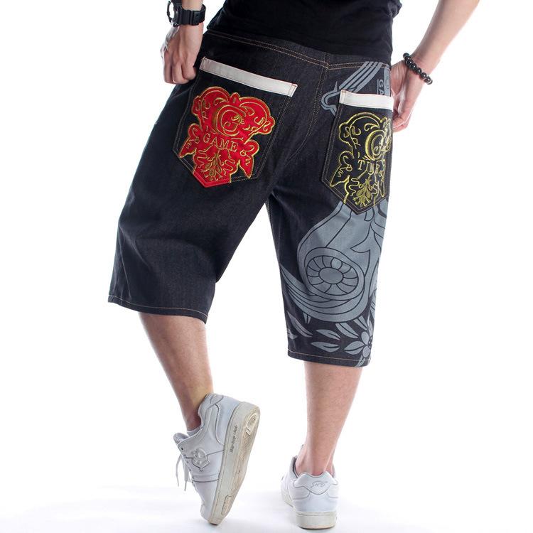 

Men's Jeans High Quality Summer Loose Oversized Denim Midpants Men Shorts Hip Hop Graffiti Print Embroidered Capri PantsMen's, Black