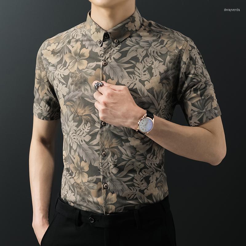 

Men's Dress Shirts 2022 Summer Mens Fashion Business Casual Male Slim Fit Printed Men Short Sleeve Size G101 Dway22, Khaki