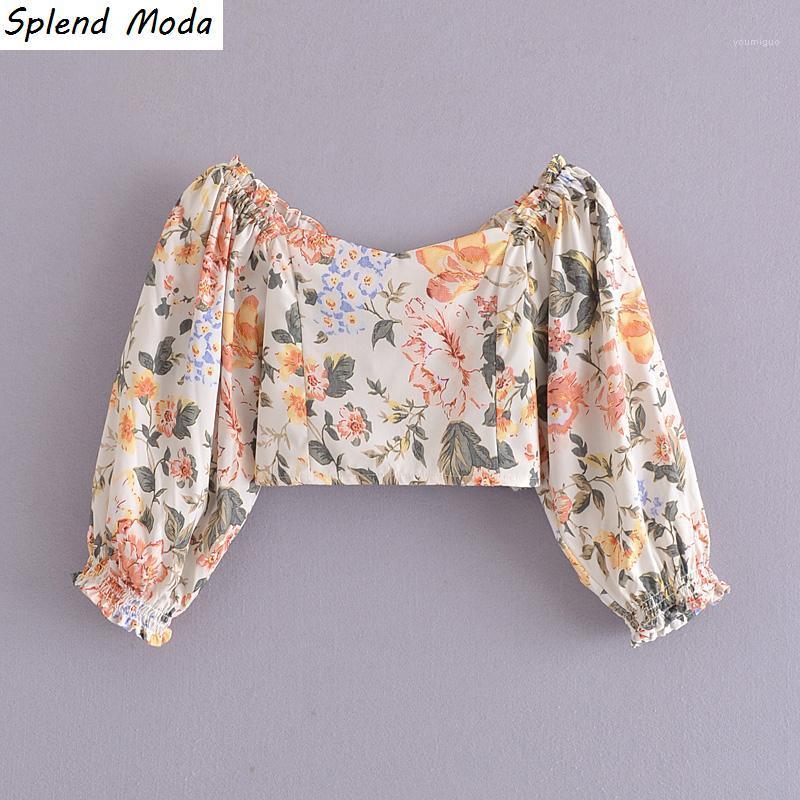 

Women' Blouses & Shirts Splend Moda 2022 Summer Pullover Square Collar Slim Women Elastic Waist Puff Sleeve Crop Top Shirt + Printed Shorts
