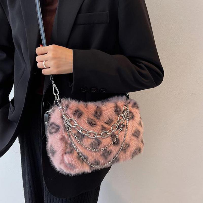 

Shoulder Bags Lnv 2022 Winter Leopard Fake Fur Women's Bag Thick Chain White Pink Vintage Luxury Designer Handbag, Khaki