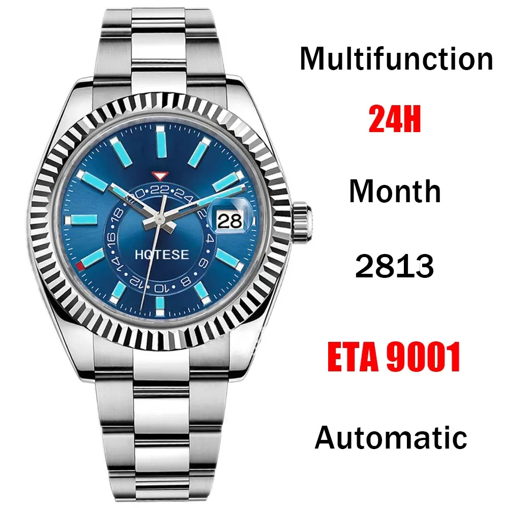 

TOP Luxury Men Business Sapphire Watch 2813 ETA 9001 Automatic Multifunctional Monthly Calendar 24H GMT Dual Time Zone Diving Waterproof Watches Mens SKY Dweller