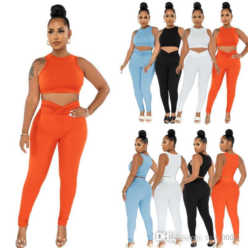 

2022 Ladies Two Piece Pants Set Outfits Summer Tracksuits Sexy Crop Top Vest High Waist Pleated Trousers Suit Womens Sweatsuits, Orange