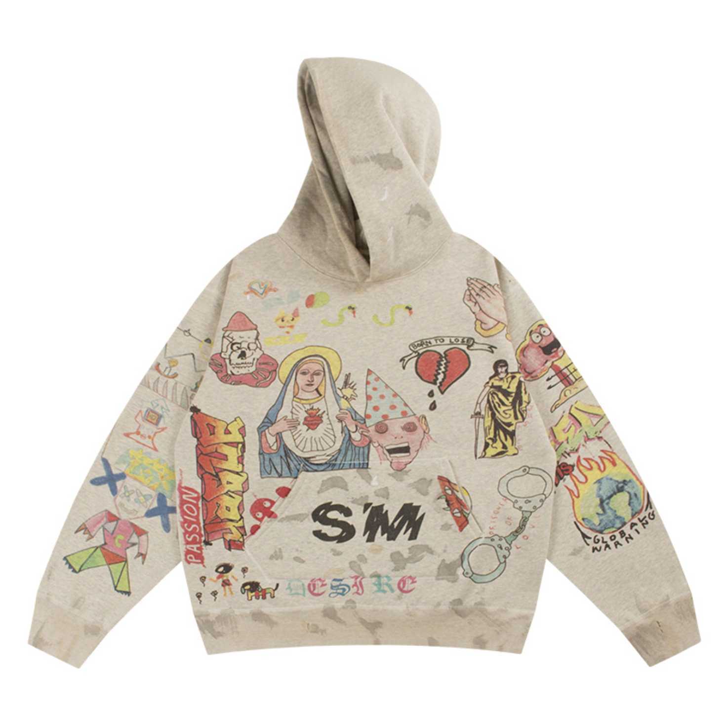 

hand Saint Michael Simpson graffiti painted virgin print high street destruction Plush Hoodie, Flower gray