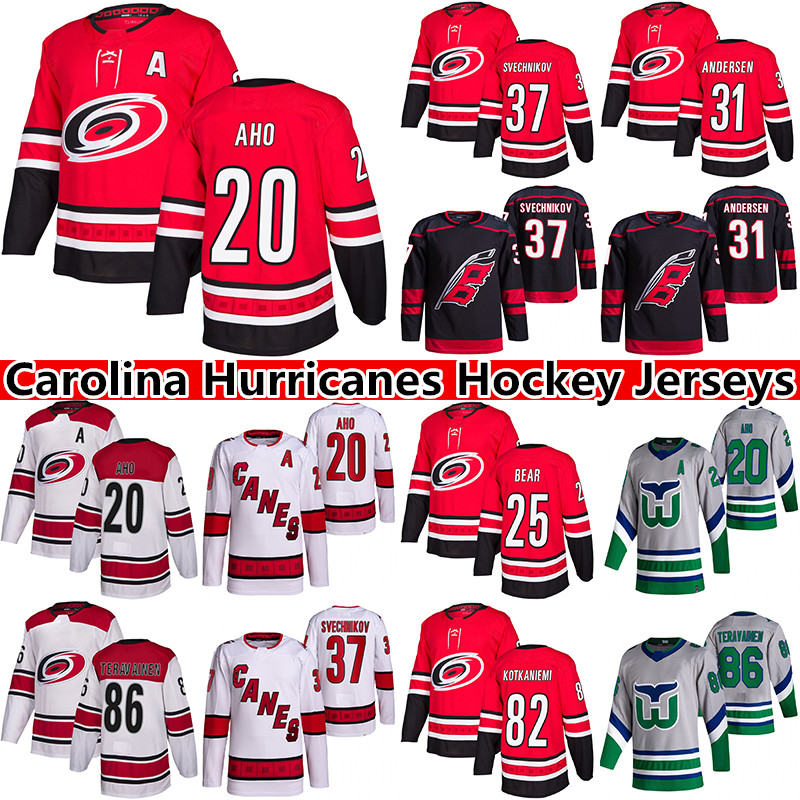 

Carolina Hurricanes hockey jerseys 20 Sebastian Aho 37 Andrei Svechnikov 86 Teuvo Teravainen 82 Jesperi Kotkaniemi 25 Ethan Bear 31 Frederik Andersen Jersey, Black