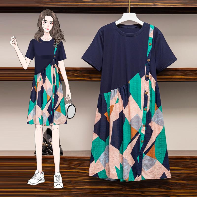 

Plus Size Dresses Blue Stitch Short Sleeved Midi 5Xl Large Vintage Casual Spring Summer Clothes Dress For Women'S 2022 Sukienka Sundress, Dark blue