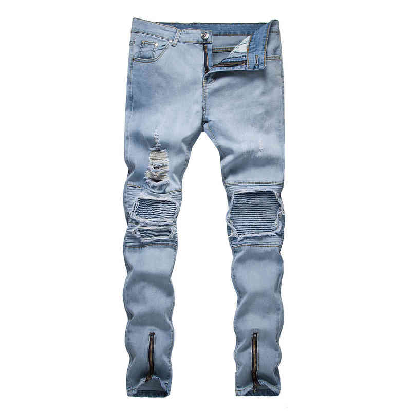 

2021 jeans men's hip hop loose Harlan wrinkled locomotive sports casual pants, Light blue