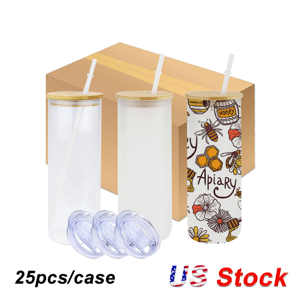 

25oz Straight Sublimation Glass Tumbler Clear Frosted Colored Gradient Milk Cup With Plastic Straw And Bamboo Lids sxmy30, Frosted with plastic lid