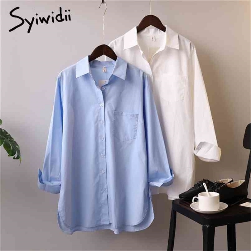 

Women Shirts Long Sleeve Blouse Side Split Button Up Shirt Pocket Office Ladies Oversized Cotton Tops White Blue 210607