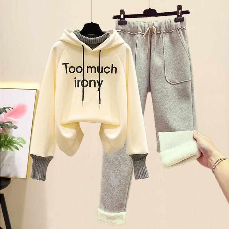 

Women's Two Piece Pants Korean Fashion Hoodie Fake Sweaters Sets Plus Velvet Thickening Hoodies Warm Suit For Women Autumn Winter Pantsuits, Khaki pants