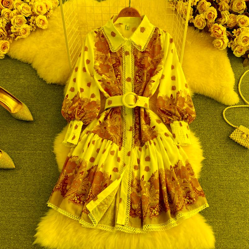 

Casual Dresses SuperAen Printing Lace Hollow Stitching Long Sleeve Dress Women' Lantern A-LINE Mini DressCasual, Red