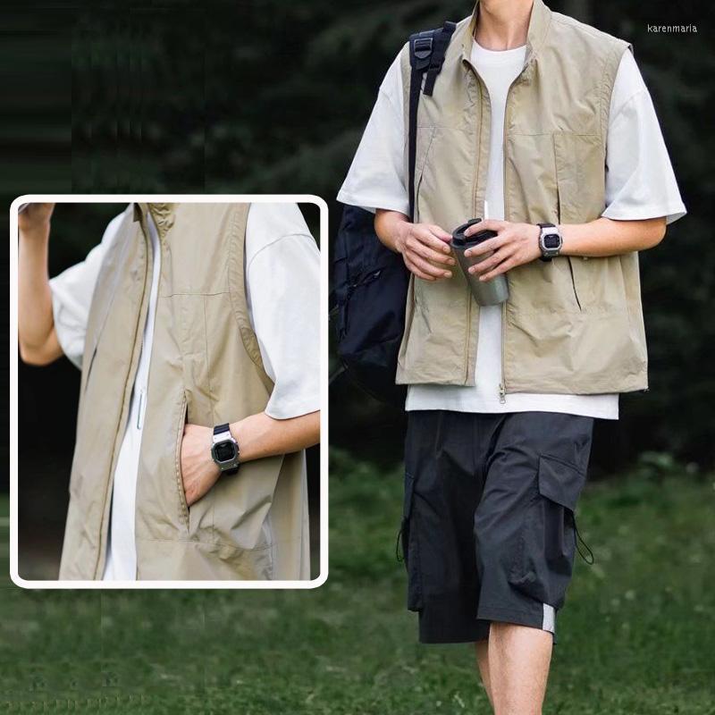 

Men's Vests Summer Korea Streetwear Clothing Fashion Sleeveless Jacket Cargo Outdoor Outerwear Working Vest Overalls For Men Kare22, Khaki