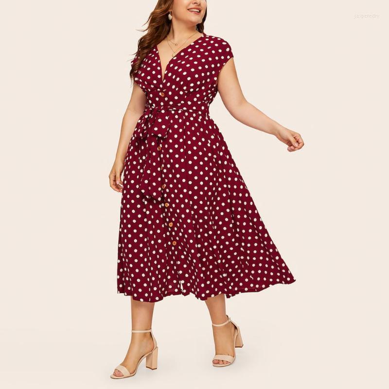 

Plus Size Dresses Women Dress Polka Dot Printed Boho Maxi Summer Short Sleeve V-Neck Bandage Beach Loose Long Lady Vestidos Jasp22, Ke 801 white