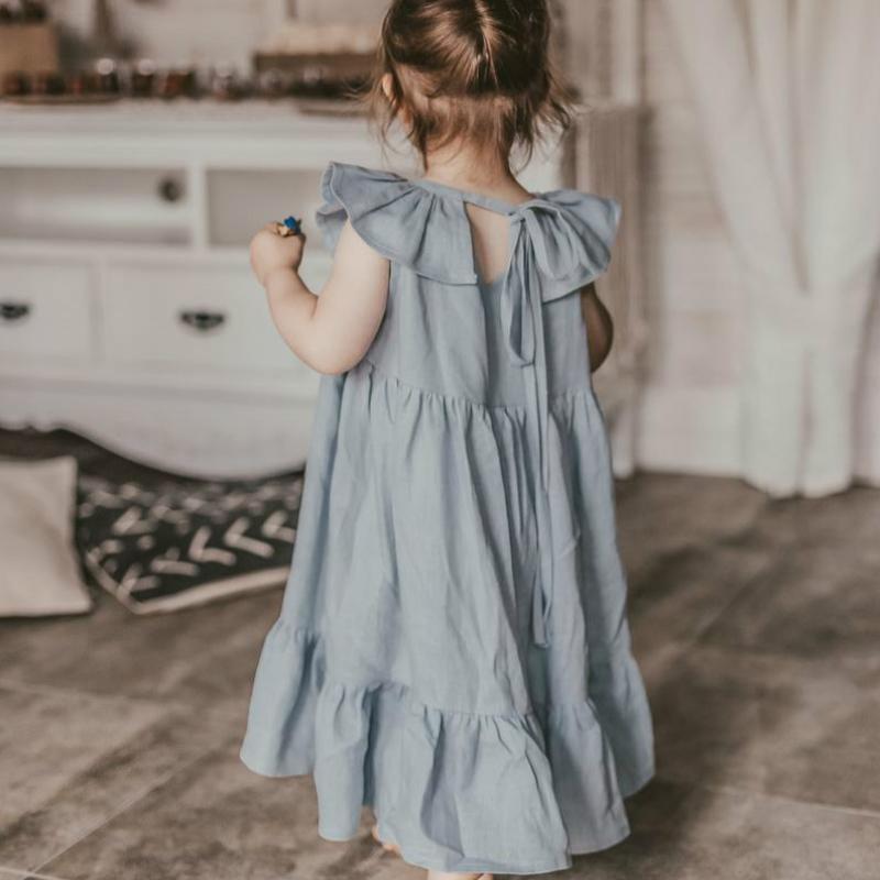 

Girl's Dresses Baby Girls Summer Dress Solid Color Cotton Linen Ruffles Loose Princess Children Casual Beach Kids ClothesGirl's, Blue