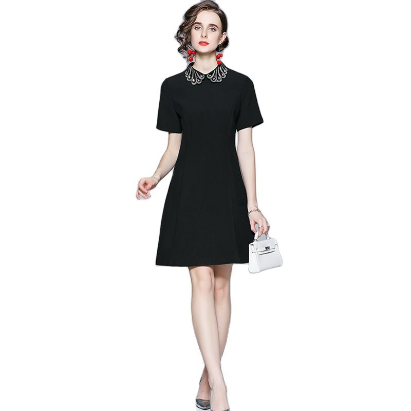 

2022 Summer Lapel Black Sequin Dress Short Sleeve Woman Designer Sweet Cute V-Neck Party Cocktail Dresses Runway Holiday High Waist Slim Loose Big Swing Club Dress