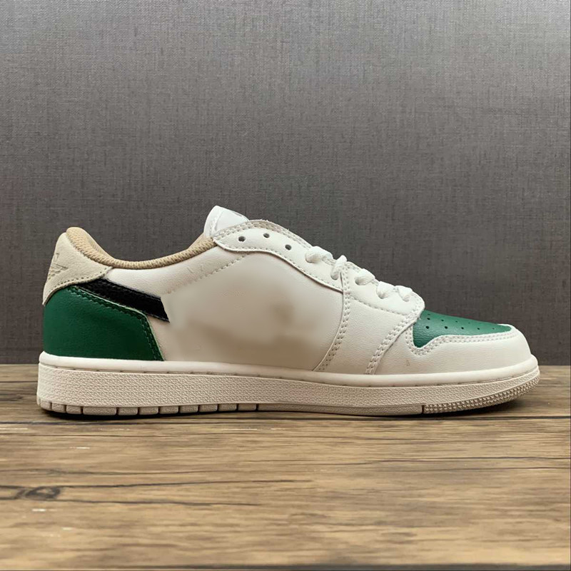 1S Chaussures Hommes Jumpman 1 Low OG SP Scotts Fragments Basketball Baskets De Sport En Cuir Véritable Couleur BLANC / VERT / NOIR