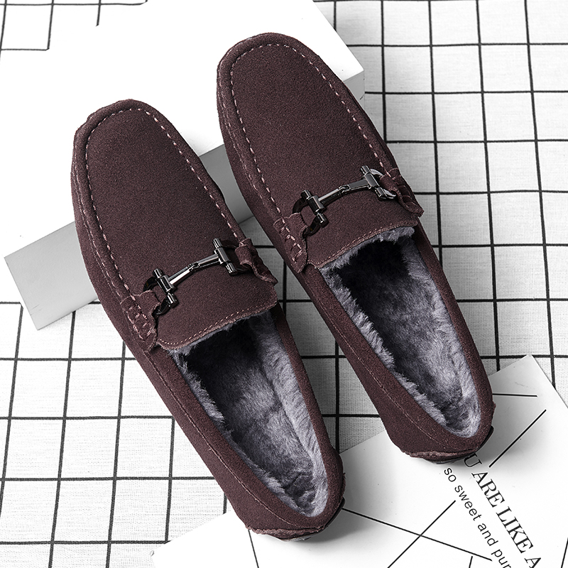 

Men Casual Loafers Keep Warm Fur Shoes Winter Warm Flat Casual Male Business Formal Fashion Shoes Italian Shoes Suede Men, Black-fur