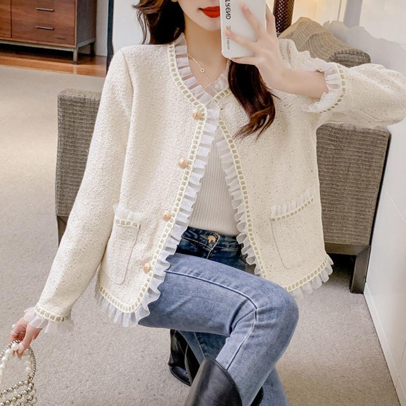 Femmes Vestes Automne À Manches Longues Blanc Tweed Veste Femmes Court Mode Élégant Noir Maille Patchwork Paillettes Manteau CardiganFemmes Femme