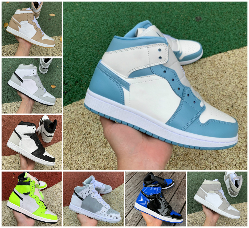 

Bred Patent High 1 Basketball Shoes 1s Mens Sneakers Dark Mocha Atmosphere University Blue Black White Pine Green UNC To Chicago Milan Tan Gum Twist Men Women Trainers, Bubble package bag