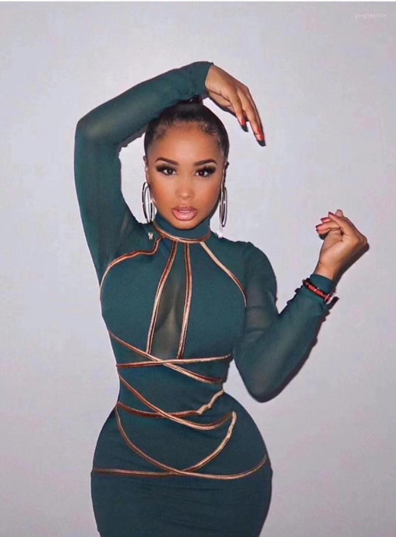 

Casual Dresses Arrival Green Black Red Long Sleeves Mesh Hollow Out Spring Bandage Dress Fashion Bodycon Celebrity Bandagem Vestios