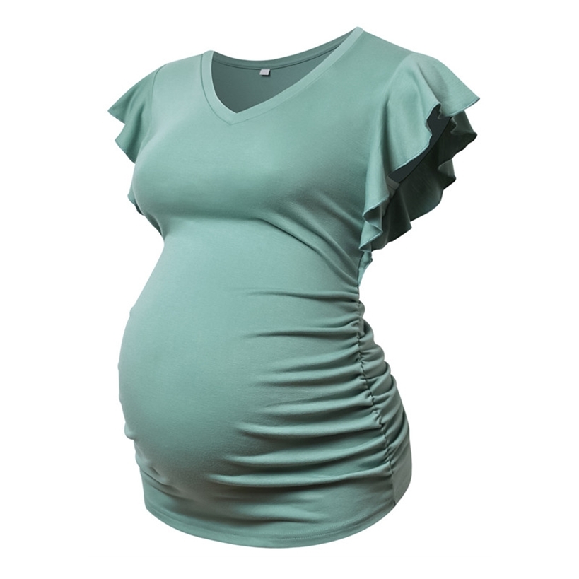 

Pregnancy Women Tops Summer Maternity T-shirt Pregnant Clothes Soft Tees Flying Sleeve Side Ruched Cute T Shirts 220419, Sage green